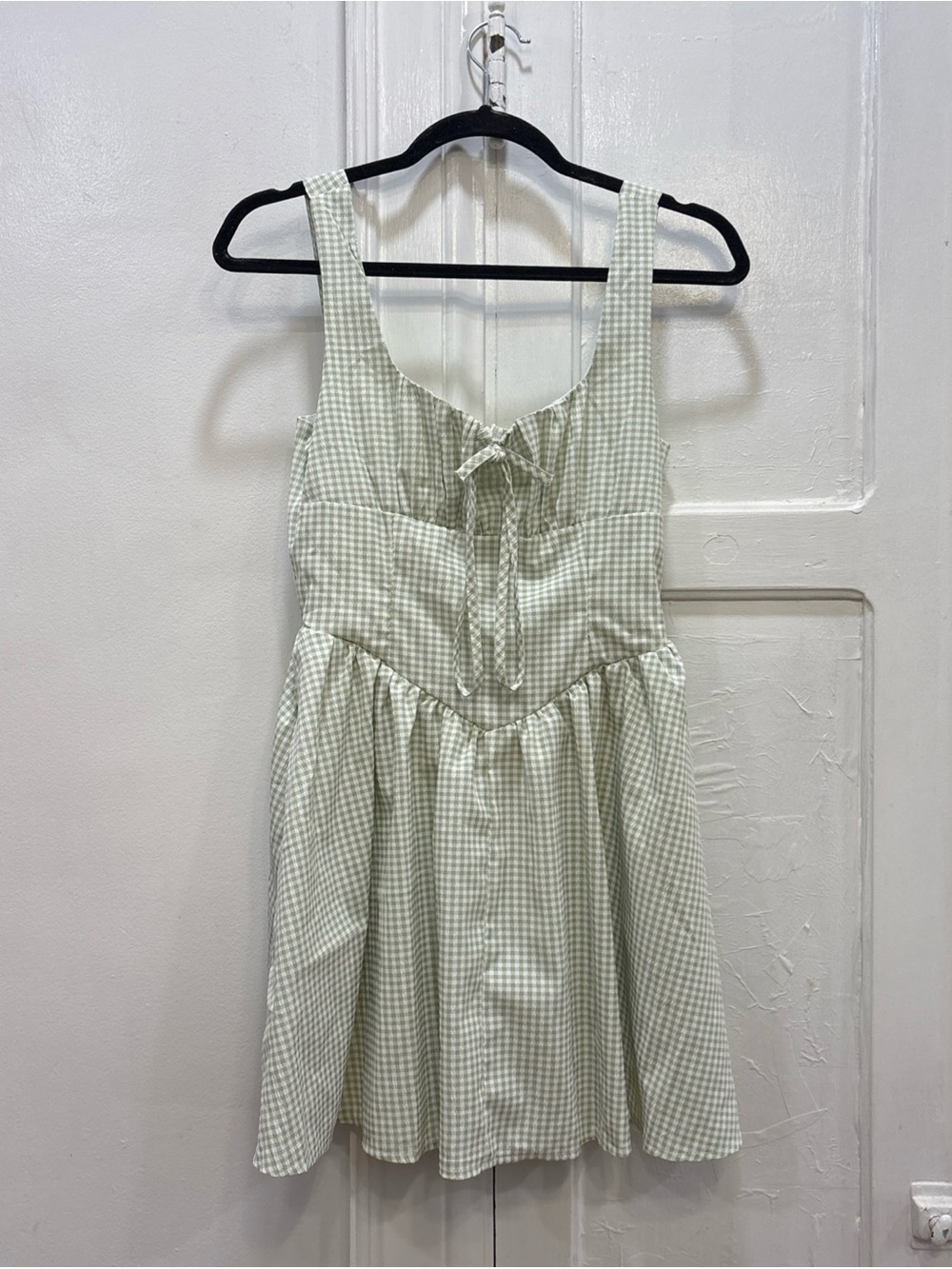 Green White Checkered Gingham Milkmaid Mini Dress Smocked Size S/M